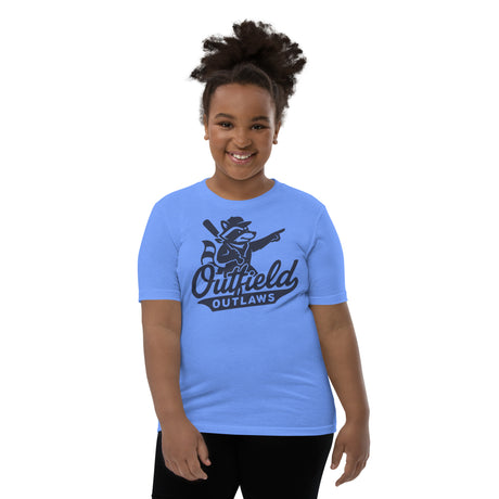 Youth female model wearing Outfield Outlaws logo tee, vintage baseball design on Bella Canvas youth shirt