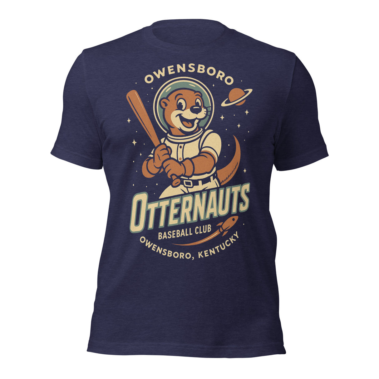 Flat lay of Owensboro Otternauts t-shirt in navy with space otter baseball mascot on Bella Canvas tee