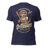 Flat lay of Owensboro Otternauts t-shirt in navy with space otter baseball mascot on Bella Canvas tee