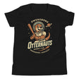 Flat lay of Owensboro Otternauts youth t-shirt in black featuring space otter baseball mascot on Bella Canvas 3001Y