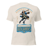 Flat lay of Pennsylvania Benjamins baseball t-shirt in white featuring founding father pitcher mascot on Bella Canvas shirt
