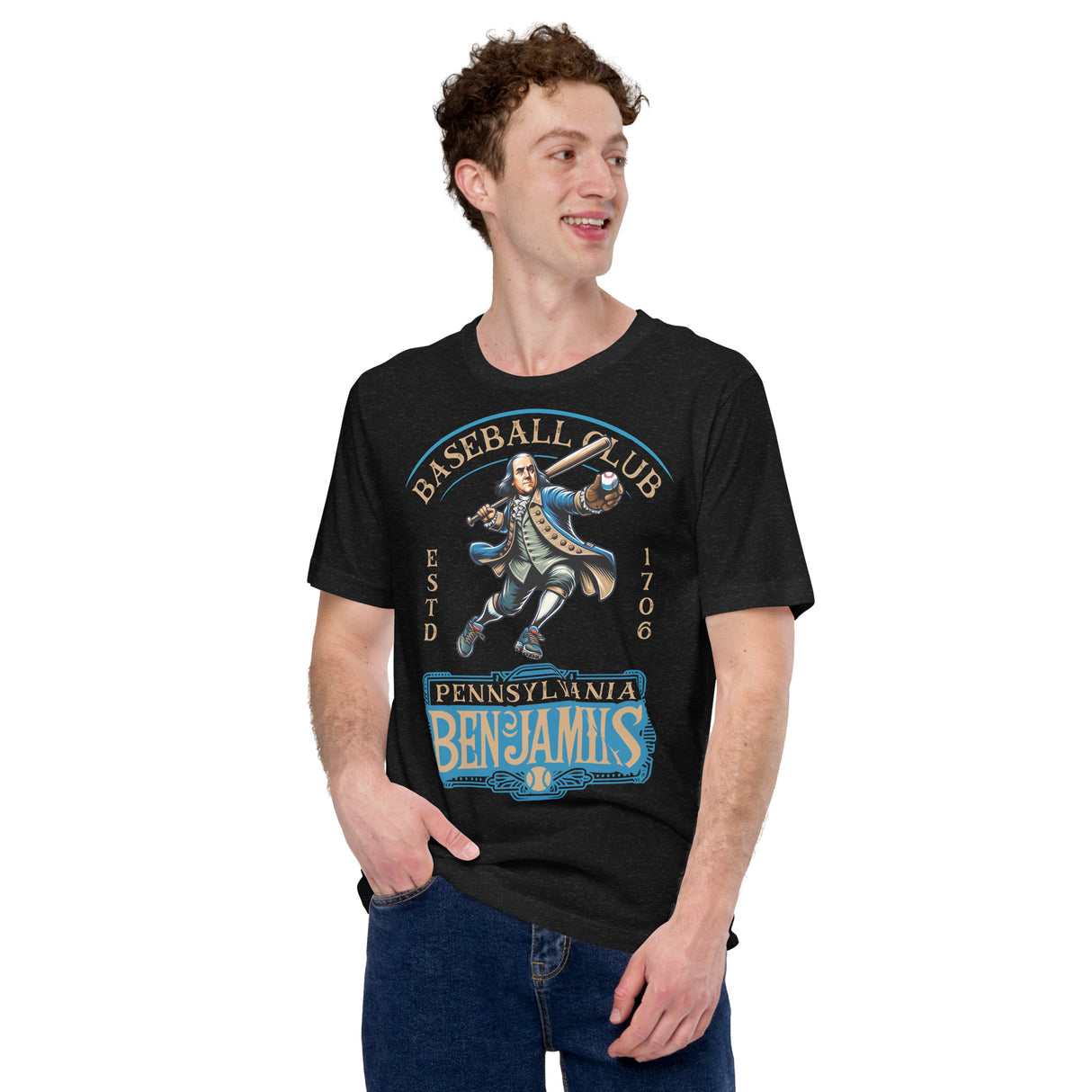 Male model wearing Pennsylvania Benjamins founding mascot baseball shirt in black Bella Canvas tee