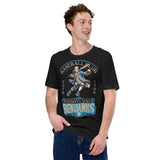Male model wearing Pennsylvania Benjamins founding mascot baseball shirt in black Bella Canvas tee