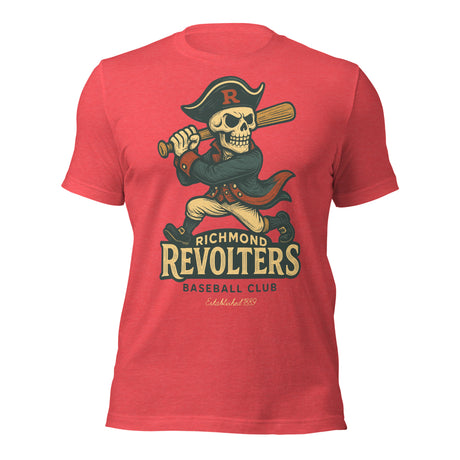 Flat lay of Richmond Revolters baseball t-shirt in heather red with skull mascot swinging bat, retro Bella Canvas tee
