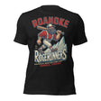 Flat lay of Roanoke Ridgerunners adult t-shirt in Heather Black, featuring retro baseball lumberjack mascot graphic.