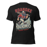 Flat lay of Roanoke Ridgerunners adult t-shirt in Heather Black, featuring retro baseball lumberjack mascot graphic.