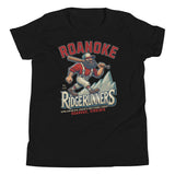 Flat lay of Roanoke Ridgerunners youth t-shirt in black, featuring retro mountain man baseball mascot design.