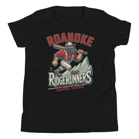 Flat lay of Roanoke Ridgerunners youth t-shirt in black, featuring retro mountain man baseball mascot design.