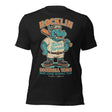 Flat lay of Rocklin River Horses adult mascot t-shirt in heather black featuring vintage cartoon hippo baseball design on Bella Canvas 3001