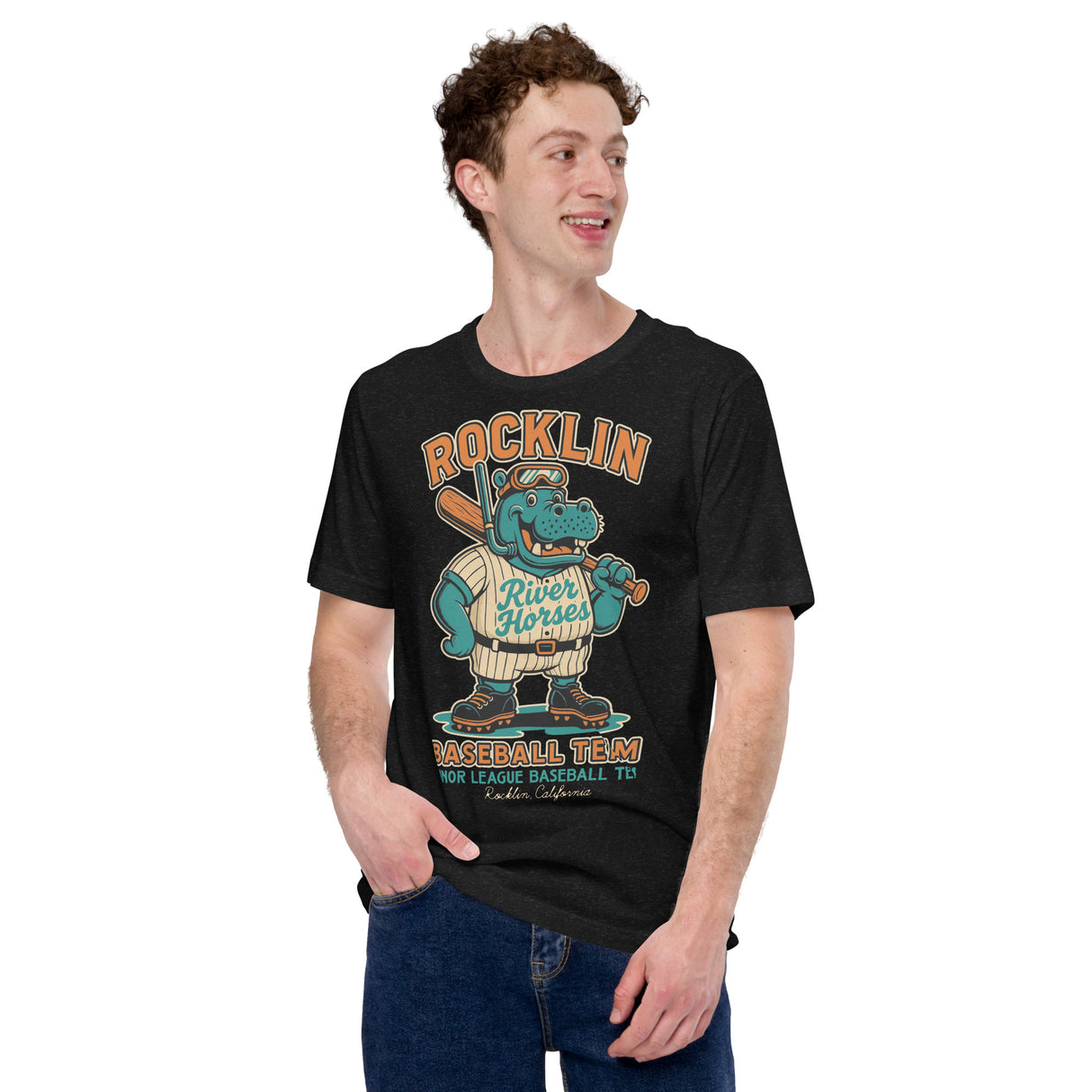 Adult male model wearing Rocklin River Horses t-shirt in heather black with hippo baseball mascot graphic
