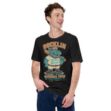 Adult male model wearing Rocklin River Horses t-shirt in heather black with hippo baseball mascot graphic
