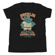 Flat lay of Rocklin River Horses youth t-shirt in black featuring retro cartoon hippo baseball mascot on Bella Canvas 3001Y