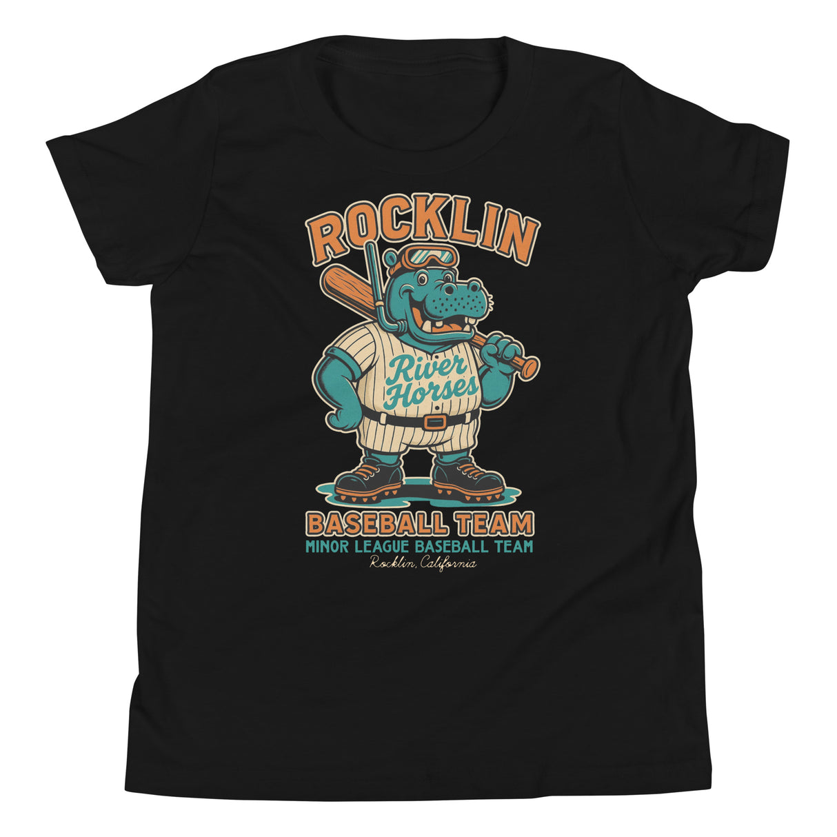 Flat lay of Rocklin River Horses youth t-shirt in black featuring retro cartoon hippo baseball mascot on Bella Canvas 3001Y