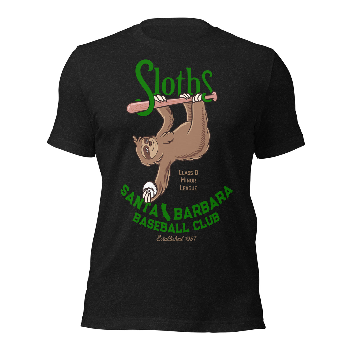Flat lay of Santa Barbara Sloths t-shirt featuring vintage sloth baseball mascot on Bella Canvas unisex tee