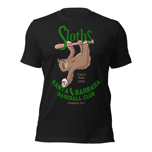 Flat lay of Santa Barbara Sloths t-shirt featuring vintage sloth baseball mascot on Bella Canvas unisex tee