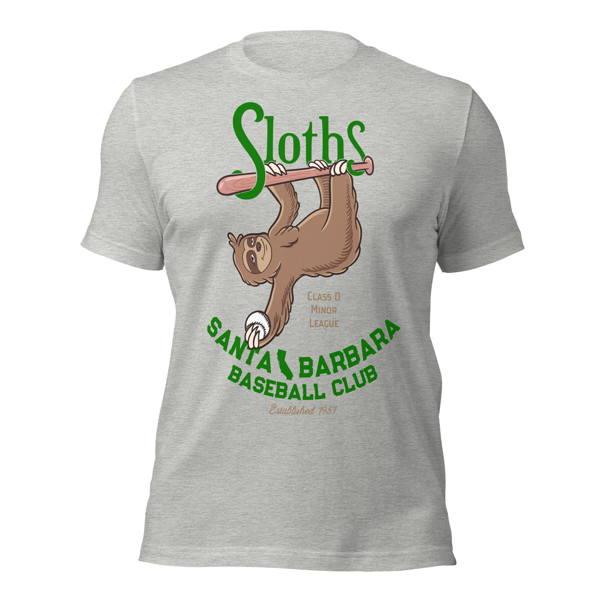 Flat lay of Santa Barbara Sloths t-shirt featuring vintage sloth baseball mascot on heather grey Bella Canvas unisex teemockup