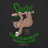 Close-up of retro sloth baseball mascot artwork on Santa Barbara Sloths t-shirt