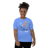 Youth girl model wearing Seattle Squatches Bigfoot mascot tee in Columbia blue, retro baseball shirt by Outfield Outlaws