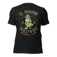 Flat lay front of the Outfield Outlaws St. Augustine Scallywags t-shirt in Heather Black featuring a pirate parrot mascot