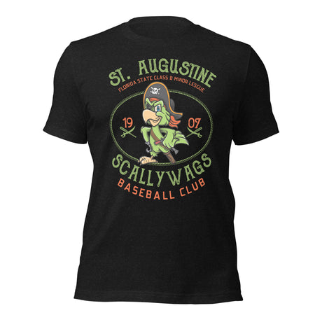 Flat lay front of the Outfield Outlaws St. Augustine Scallywags t-shirt in Heather Black featuring a pirate parrot mascot
