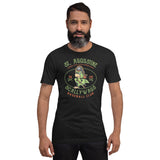 Male model wearing the St. Augustine Scallywags tee in Heather Black from Outfield Outlaws, featuring retro pirate parrot mascot on front and logo on back