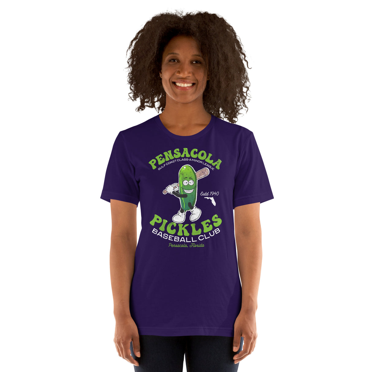 Female model wearing Pensacola Pickles baseball shirt – unisex retro fit for fans