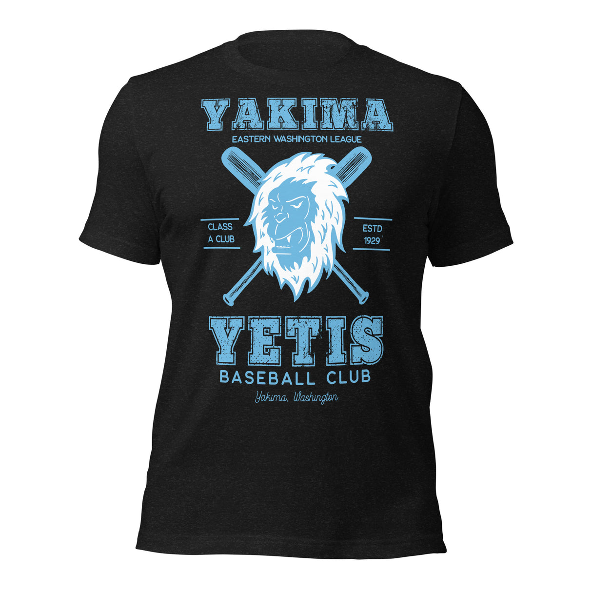 Flat lay of Yakima Yetis retro baseball mascot tee on Bella Canvas unisex t-shirt