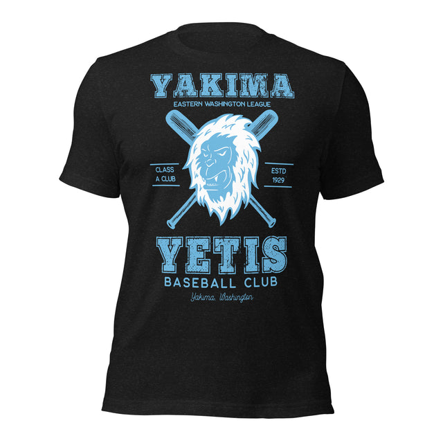 Flat lay of Yakima Yetis retro baseball mascot tee on Bella Canvas unisex t-shirt