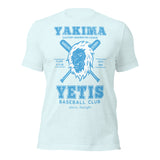 Flat lay of Yakima Yetis retro baseball mascot tee on Bella Canvas unisex t-shirt