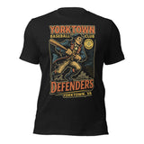 Flat lay of Yorktown Defenders baseball t-shirt in black featuring colonial patriot mascot design on Bella Canvas 3001

