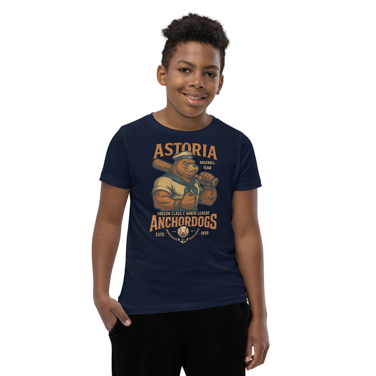Young boy wearing navy Astoria Anchordogs t-shirt featuring Outfield Outlaws retro sea lion baseball mascot


