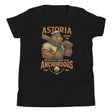 Flat lay of black youth Astoria Anchordogs t-shirt featuring retro sea lion baseball mascot in sailor uniform, printed on Bella Canvas 3001Y

