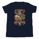 Flat lay of youth Astoria Anchordogs shirt in navy with vintage-style sailor sea lion baseball mascot design, on Bella Canvas youth tee

