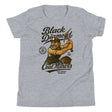 Youth-sized Outfield Outlaws Black Diamond Coal Miners T-Shirt flat lay in heather grey, retro baseball design on front