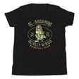 Flat lay front of youth St. Augustine Scallywags t-shirt in black featuring pirate parrot mascot

