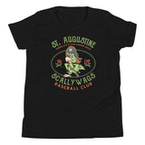 Flat lay front of youth St. Augustine Scallywags t-shirt in black featuring pirate parrot mascot


