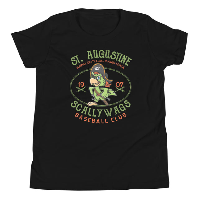 Flat lay front of youth St. Augustine Scallywags t-shirt in black featuring pirate parrot mascot

